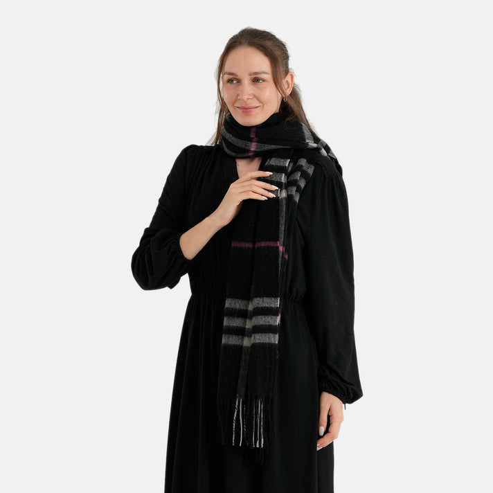 La Marey 70% Wool Tartan Check Scarf Shawl (70 x 200cm) - Black 8579564 2