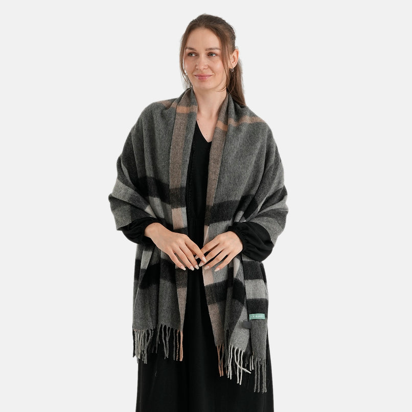La Marey 70% Wool Check Blanket Scarf Shawl (70 x 200cm) - Grey_8579565