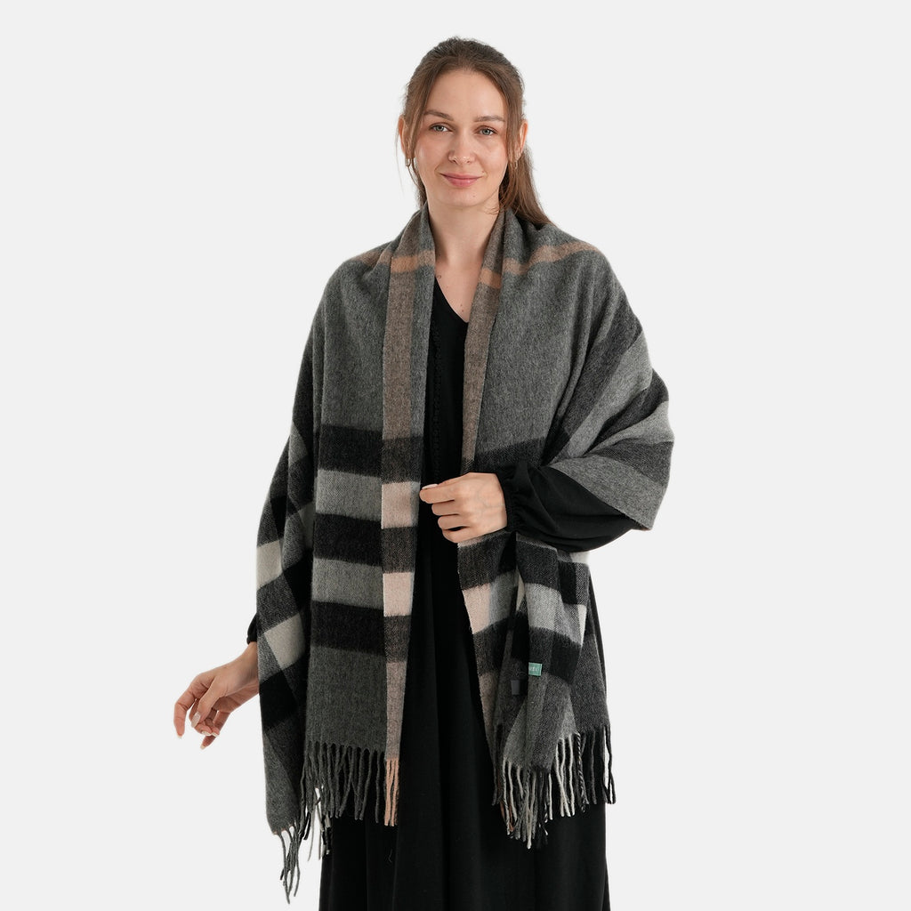 La Marey 70% Wool Check Blanket Scarf Shawl (70 x 200cm) - Grey_8579565_6