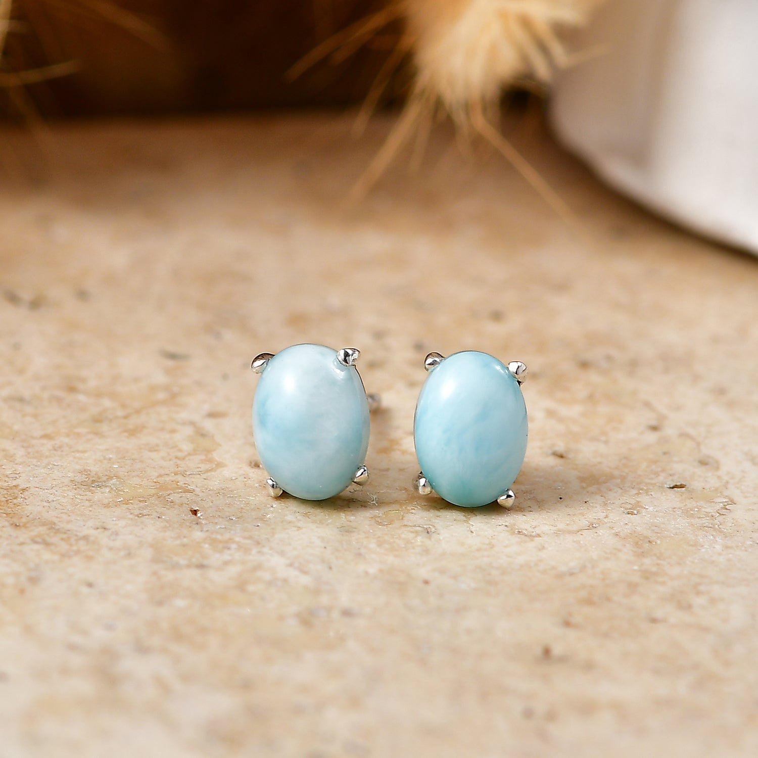 D'Joy - Natural Larimar Solitaire Stud Push Post Earring in Platinum Overlay Sterling Silver 2.00 Ct. 8579600 2