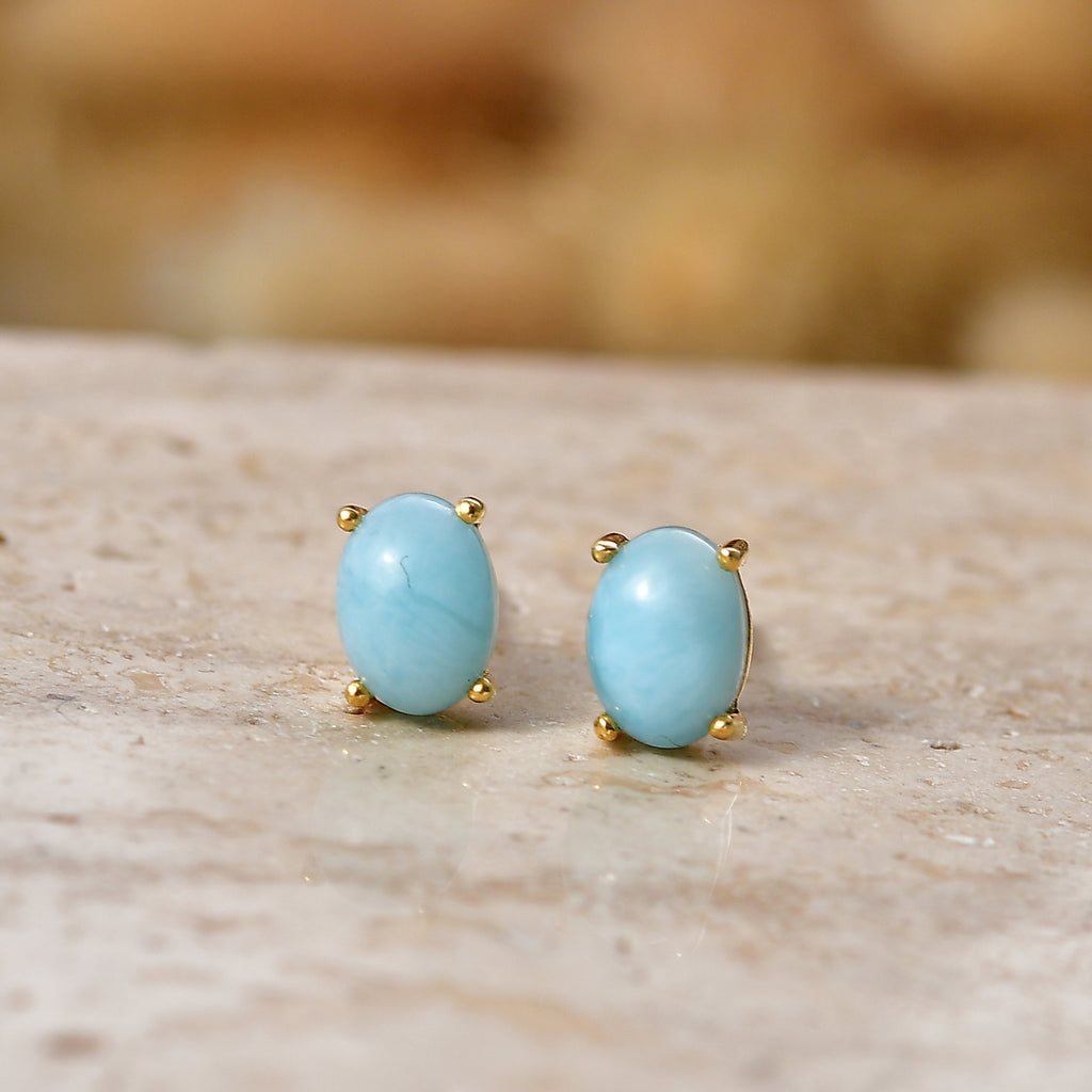 D'Joy - Natural Larimar Solitaire Stud Push Post Earring in Yellow Gold Plated Sterling Silver 2.00 Ct._8579601_2