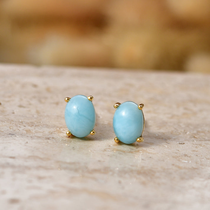 D'Joy - Natural Larimar Solitaire Stud Push Post Earring in Yellow Gold Plated Sterling Silver 2.00 Ct. V32620770 2