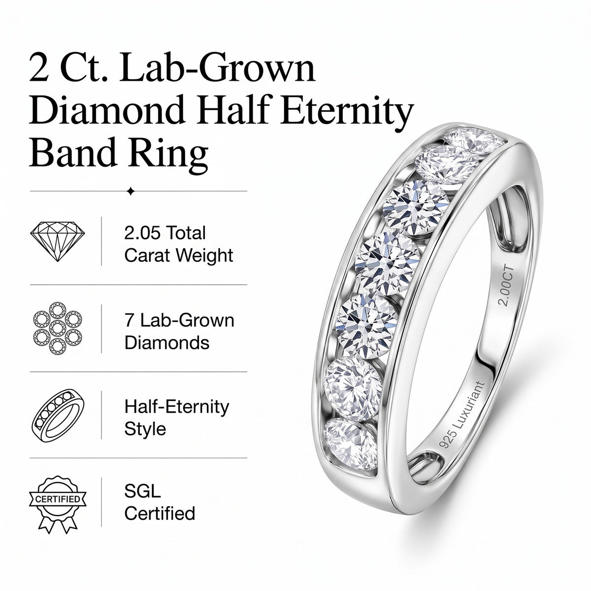 LUXURIANT 2 Ct. SGL Certified Lab Grown Diamond (SI-G-H) Half Eternity Band Ring in Rhodium Overlay Sterling Silver 8579633 6