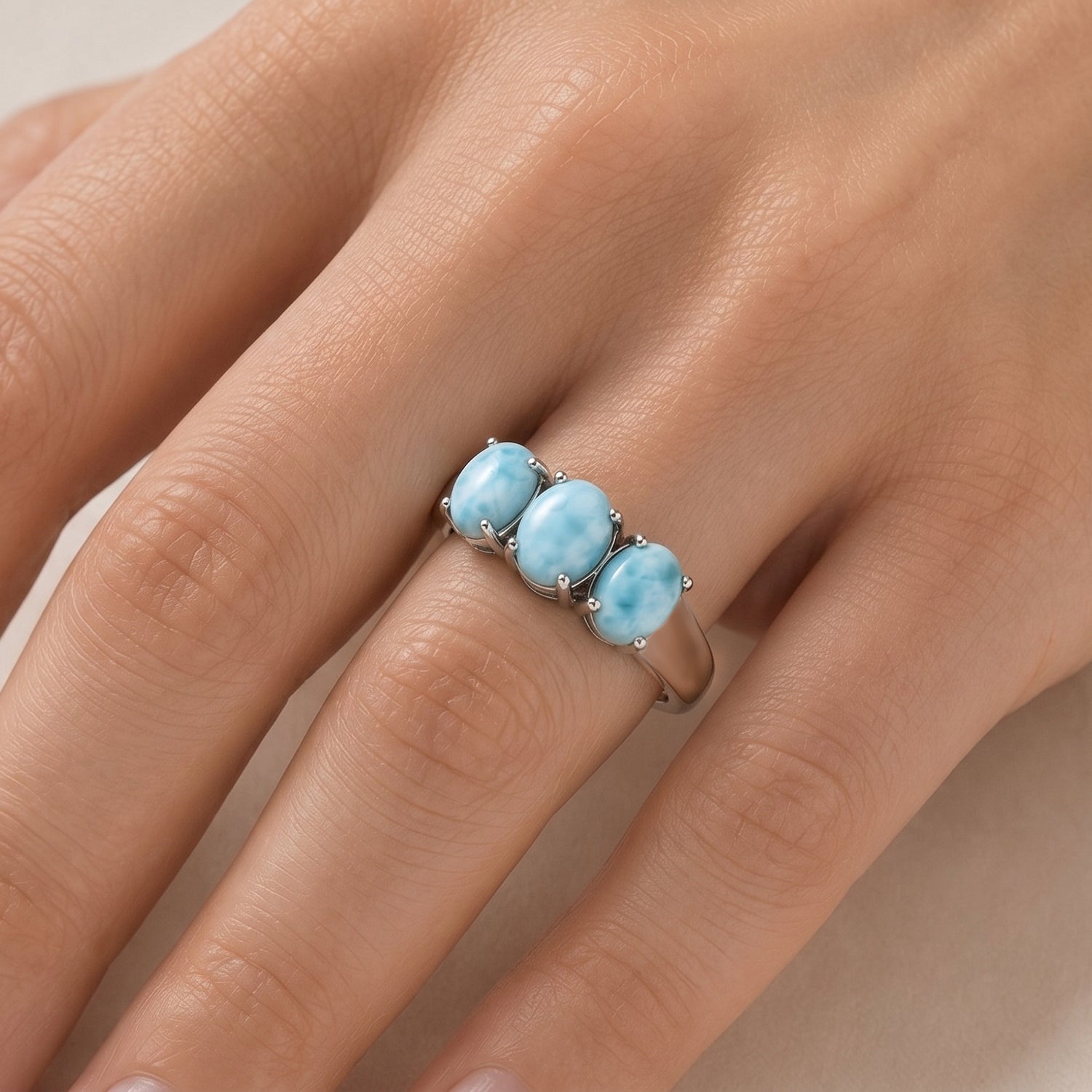 D'Joy - Natural Larimar Trilogy Ring in Platinum Overlay Sterling Silver 2.90 Ct. V32519537 2