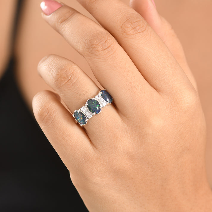 D'Joy - Boulder Opal &amp; White Zircon Ring in Rhodium Overlay Sterling Silver 2.85 Ct. 8579676 2