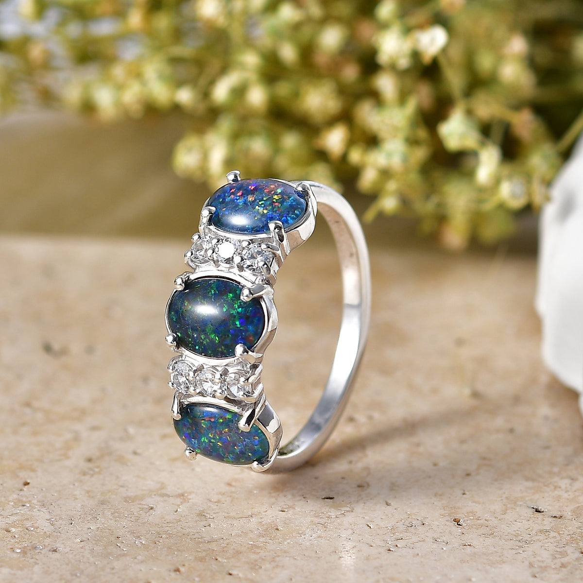 D'Joy - Boulder Opal &amp; White Zircon Ring in Rhodium Overlay Sterling Silver 2.85 Ct. V32588740 3