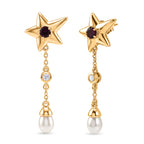 GP - Radiant Ember Garnet, Blue Sapphire, Fresh Water Pearl & White Zircon Dangling Earring with Push Back in 18K Vermeil Yellow Gold Plated Sterling Silver 4.05 Ct._8579790
