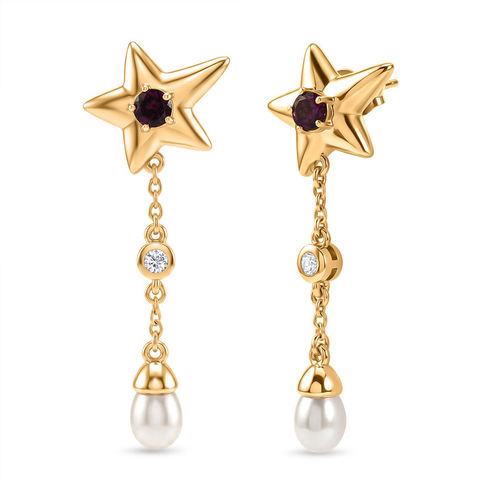 GP - Radiant Ember Garnet, Blue Sapphire, Fresh Water Pearl &amp; White Zircon Dangling Earring with Push Back in 18K Vermeil Yellow Gold Plated Sterling Silver 4.05 Ct. 8579790 1