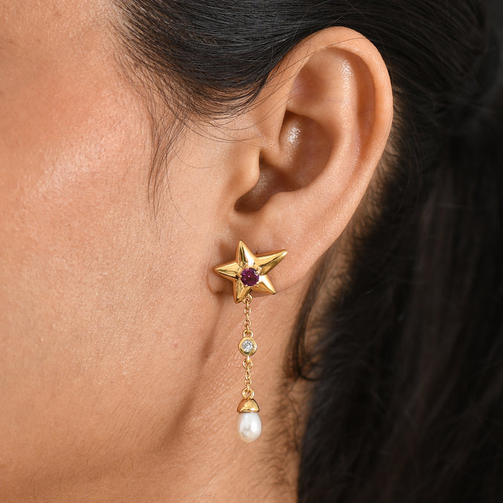 GP - Radiant Ember Garnet, Blue Sapphire, Fresh Water Pearl &amp; White Zircon Dangling Earring with Push Back in 18K Vermeil Yellow Gold Plated Sterling Silver 4.05 Ct. 8579790 2