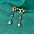 GP - Radiant Ember Garnet, Blue Sapphire, Fresh Water Pearl & White Zircon Dangling Earring with Push Back in 18K Vermeil Yellow Gold Plated Sterling Silver 4.05 Ct._8579790_2