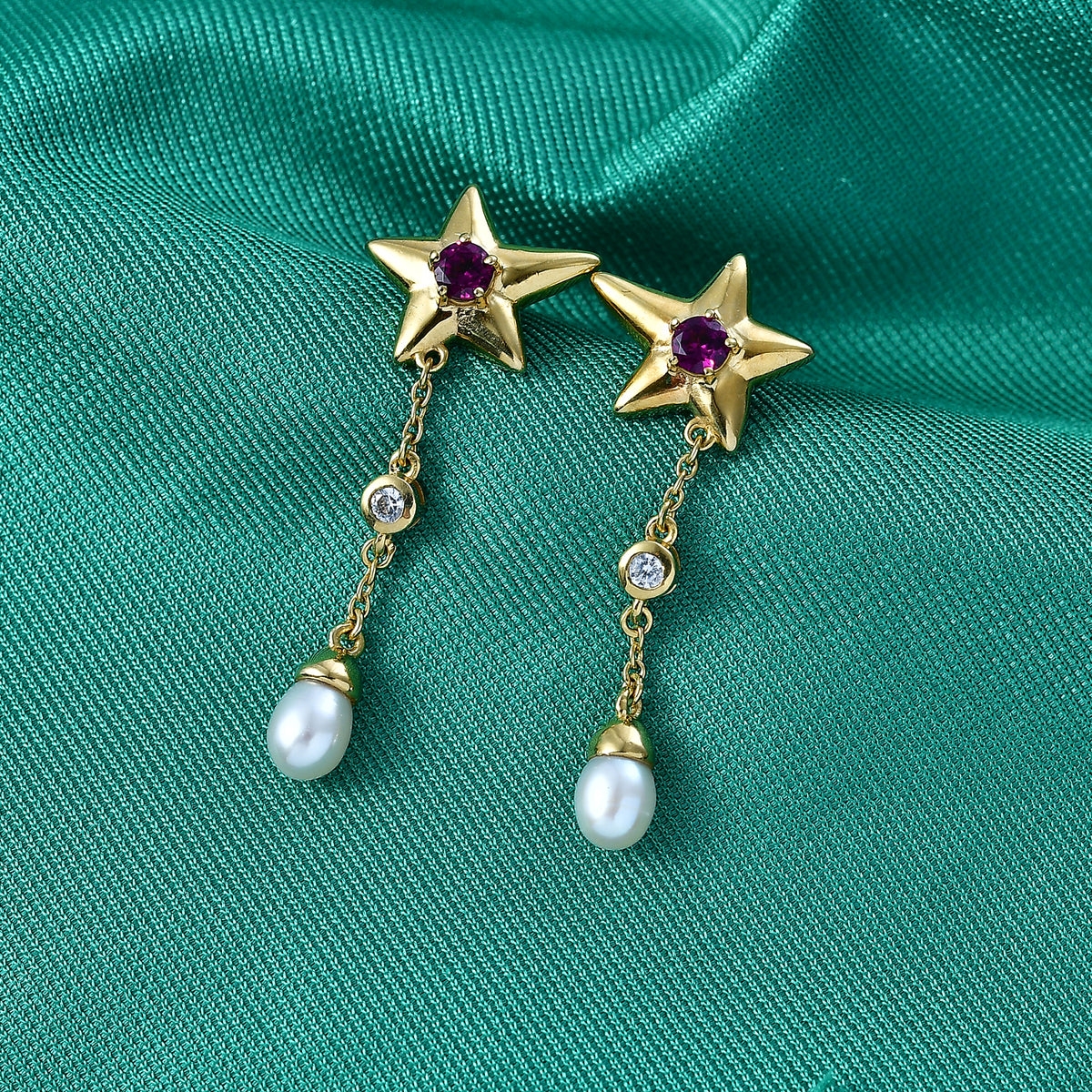 Radiant Ember Garnet, Blue Sapphire, Fresh Water Pearl &amp; White Zircon Dangling Earring with Push Back in 18K Vermeil Yellow Gold Plated Sterling Silver 4.05 Ct. 8579790 3