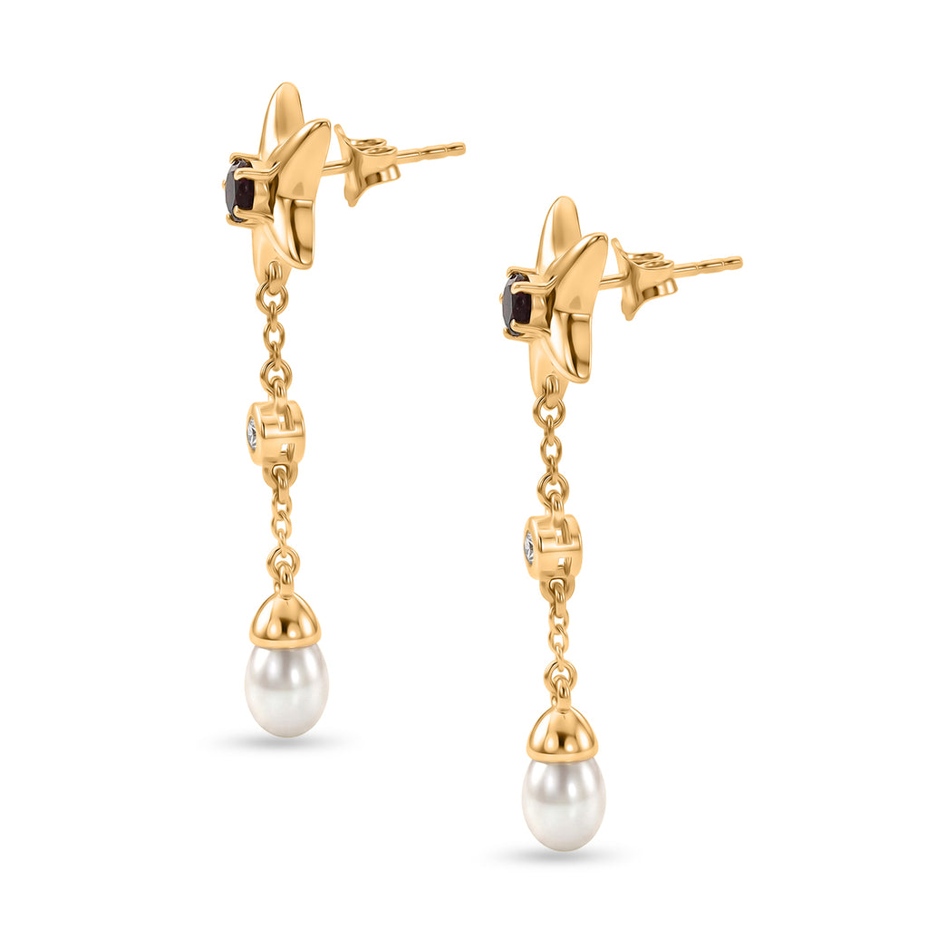 GP - Radiant Ember Garnet, Blue Sapphire, Fresh Water Pearl & White Zircon Dangling Earring with Push Back in 18K Vermeil Yellow Gold Plated Sterling Silver 4.05 Ct._8579790_3