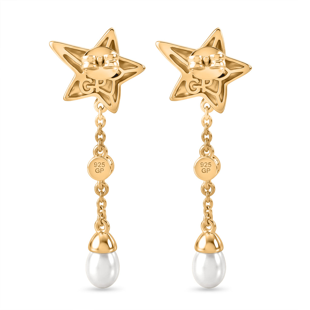 GP - Radiant Ember Garnet, Blue Sapphire, Fresh Water Pearl & White Zircon Dangling Earring with Push Back in 18K Vermeil Yellow Gold Plated Sterling Silver 4.05 Ct._8579790_4