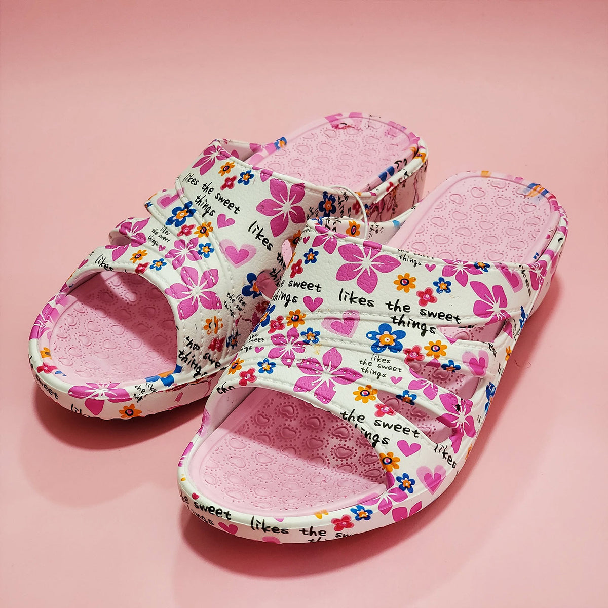 Closeout Ladies Floral Open Toe Sliders With Cut-Out Detailing (Size 7) - Light Pink &amp; White V32563407 1