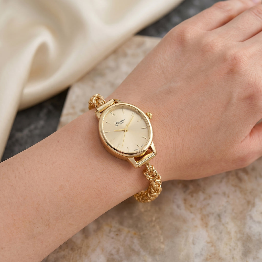 GENOA TIME V2 Byzantine Chain Watch PC21S Japan Movement 3ATM WR Golden Sunshine Dial & PNP Gold Plating Alloy Case Womens Watch with Byzantine Stainless Steel Chain_8579943_1