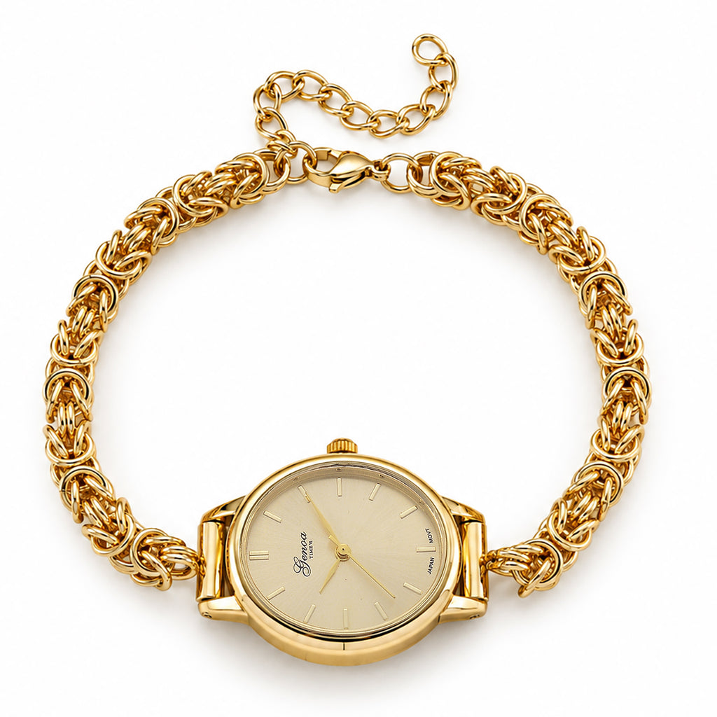 GENOA TIME V2 Byzantine Chain Watch PC21S Japan Movement 3ATM WR Golden Sunshine Dial & PNP Gold Plating Alloy Case Womens Watch with Byzantine Stainless Steel Chain_8579943_6