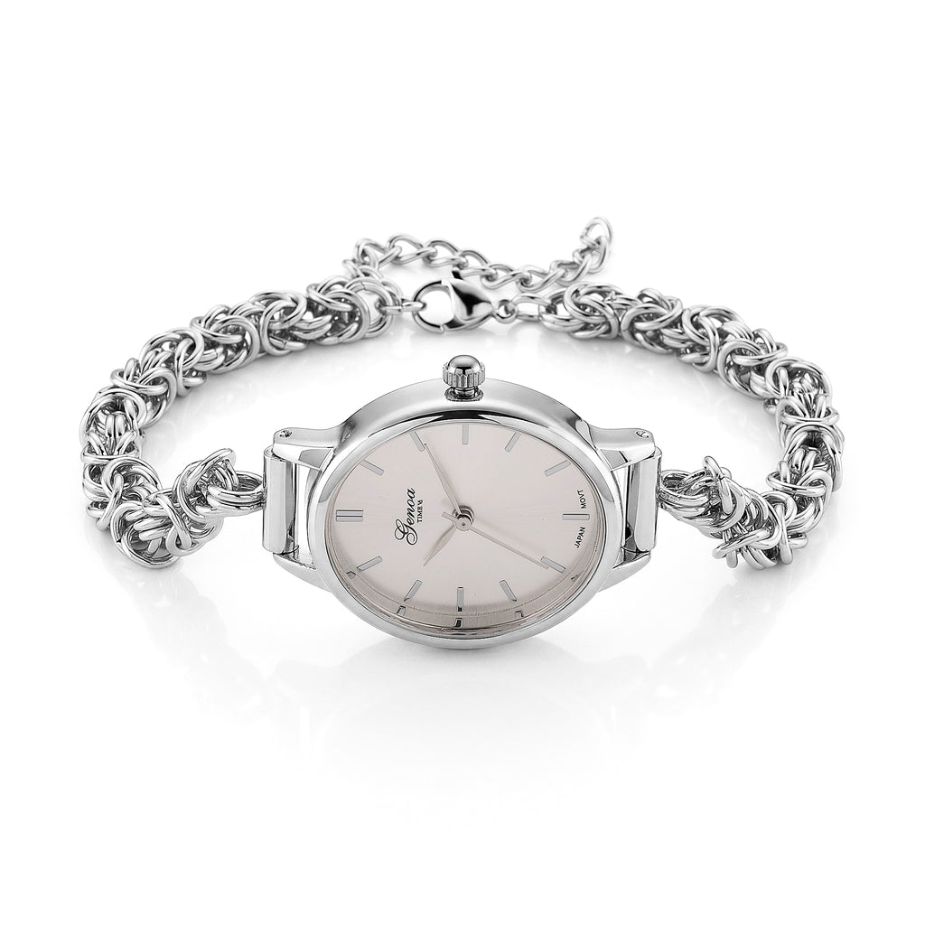 GENOA TIME V2 Byzantine Chain Watch PC21S Japan Movement 3ATM WR White Sunshine Dial & PNP Steel Plating Alloy Case Womens Watch with Byzantine Stainless Steel Chain_8580175