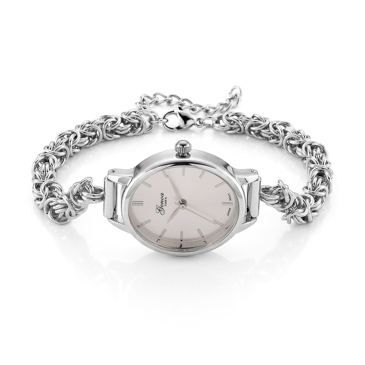 GENOA TIME V2 Byzantine Chain Watch PC21S Japan Movement 3ATM WR White Sunshine Dial &amp; PNP Steel Plating Alloy Case Womens Watch with Byzantine Stainless Steel Chain 8580175 0