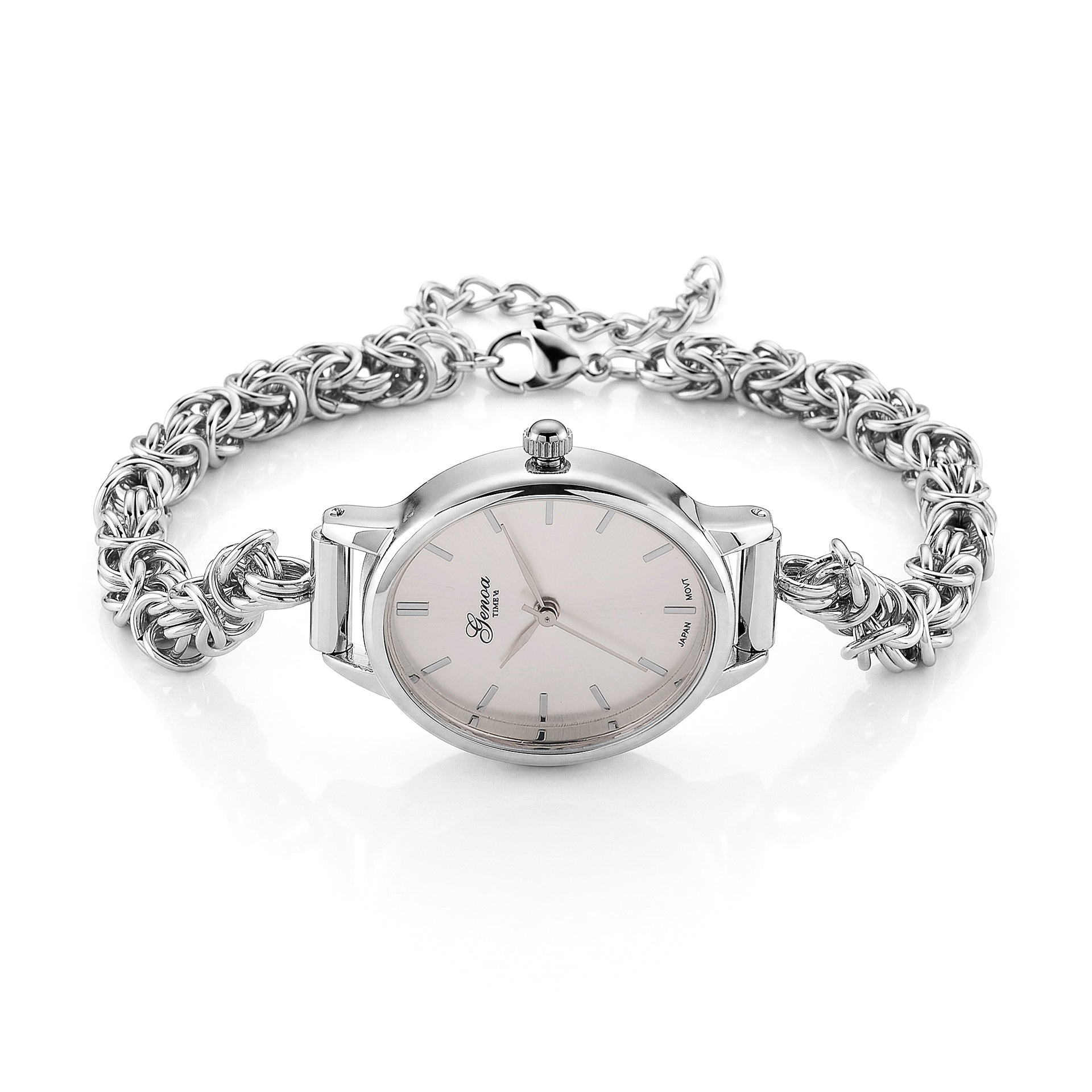 GENOA TIME V2 Byzantine Chain Watch PC21S Japan Movement 3ATM WR White Sunshine Dial &amp; PNP Steel Plating Alloy Case Womens Watch with Byzantine Stainless Steel Chain 8580175 0