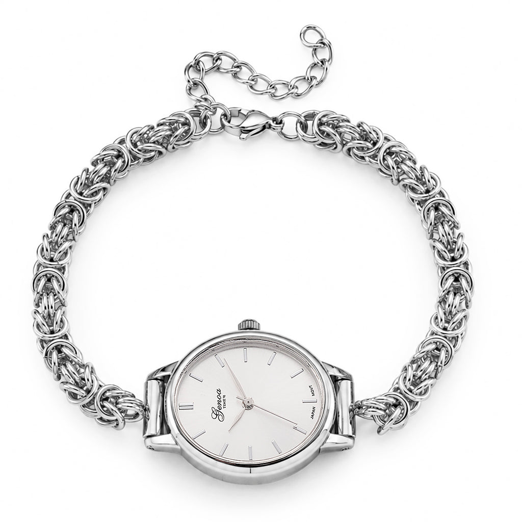 GENOA TIME V2 Byzantine Chain Watch PC21S Japan Movement 3ATM WR White Sunshine Dial & PNP Steel Plating Alloy Case Womens Watch with Byzantine Stainless Steel Chain_8580175_6