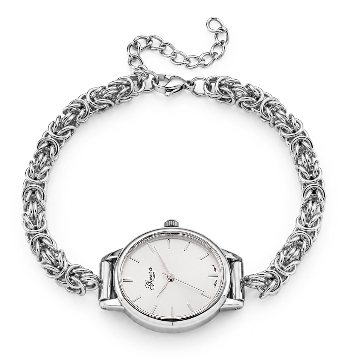 GENOA TIME V2 Byzantine Chain Watch PC21S Japan Movement 3ATM WR White Sunshine Dial &amp; PNP Steel Plating Alloy Case Womens Watch with Byzantine Stainless Steel Chain 8580175 6