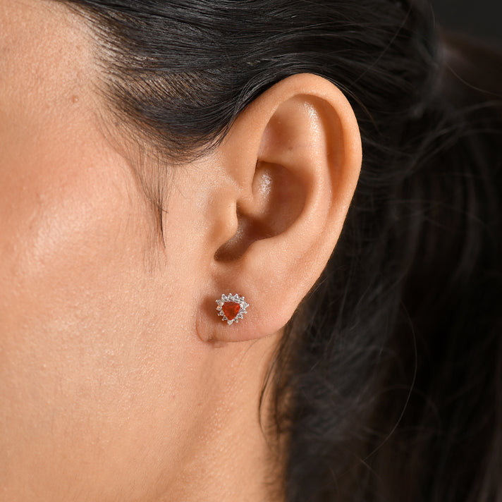 D'Joy - Natural Crimson Fire Opal &amp; White Zircon Halo Stud Push Post Earring in Platinum Overlay Sterling Silver 8580252 2