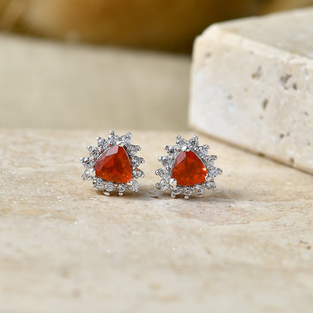 D'Joy - Natural Crimson Fire Opal & White Zircon Halo Stud Push Post Earring in Platinum Overlay Sterling Silver_8580252_2