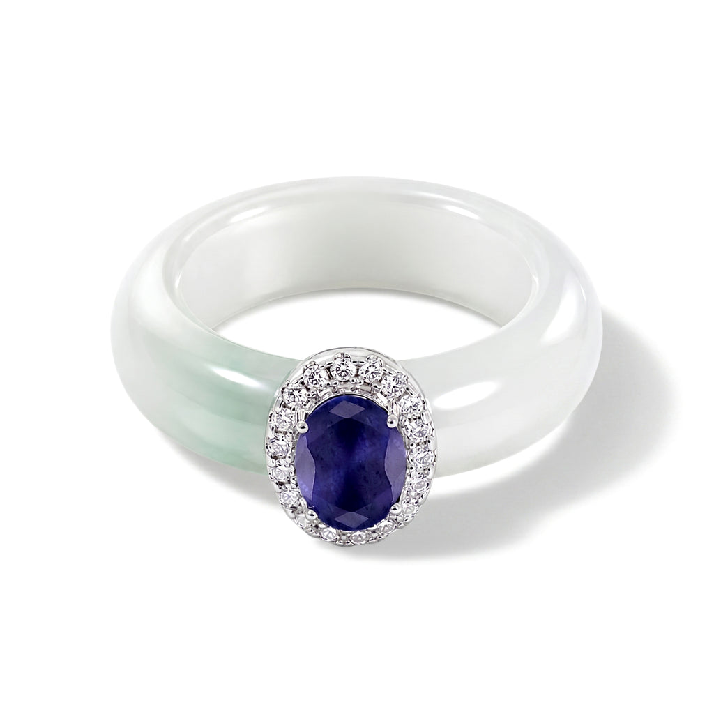 D'Joy - Tanzanite, Dyed Green Jade & Moissanite Halo Band Ring in Rhodium Overlay Sterling Silver 15.50 Ct._8580340