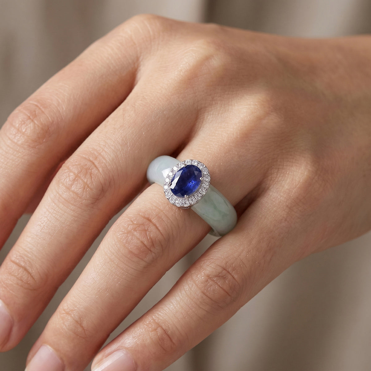 D'Joy - AAA Tanzanite and Bi Colour Jade Moissanite Halo Band Ring in Rhodium Overlay Sterling Silver V32603213 2