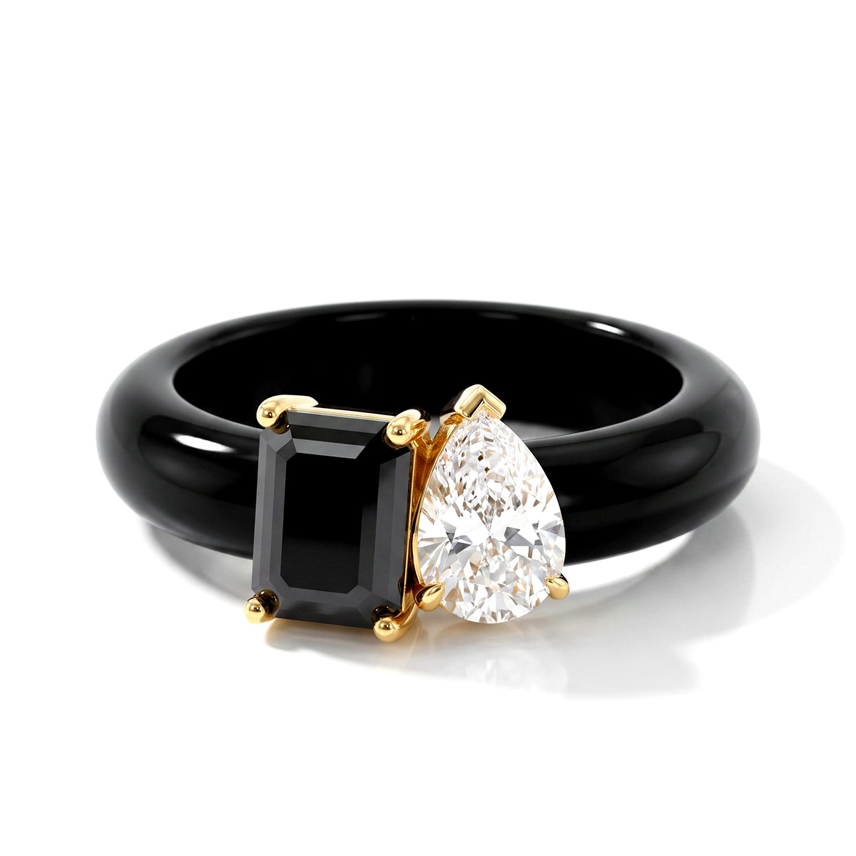 Couture Collection Limited Edition  - Black Jadeite, Moissanite &amp; Black Moissanite Toi et Moi Ring in Yellow Gold Plated Sterling Silver 13.70 Ct. V32518170 0