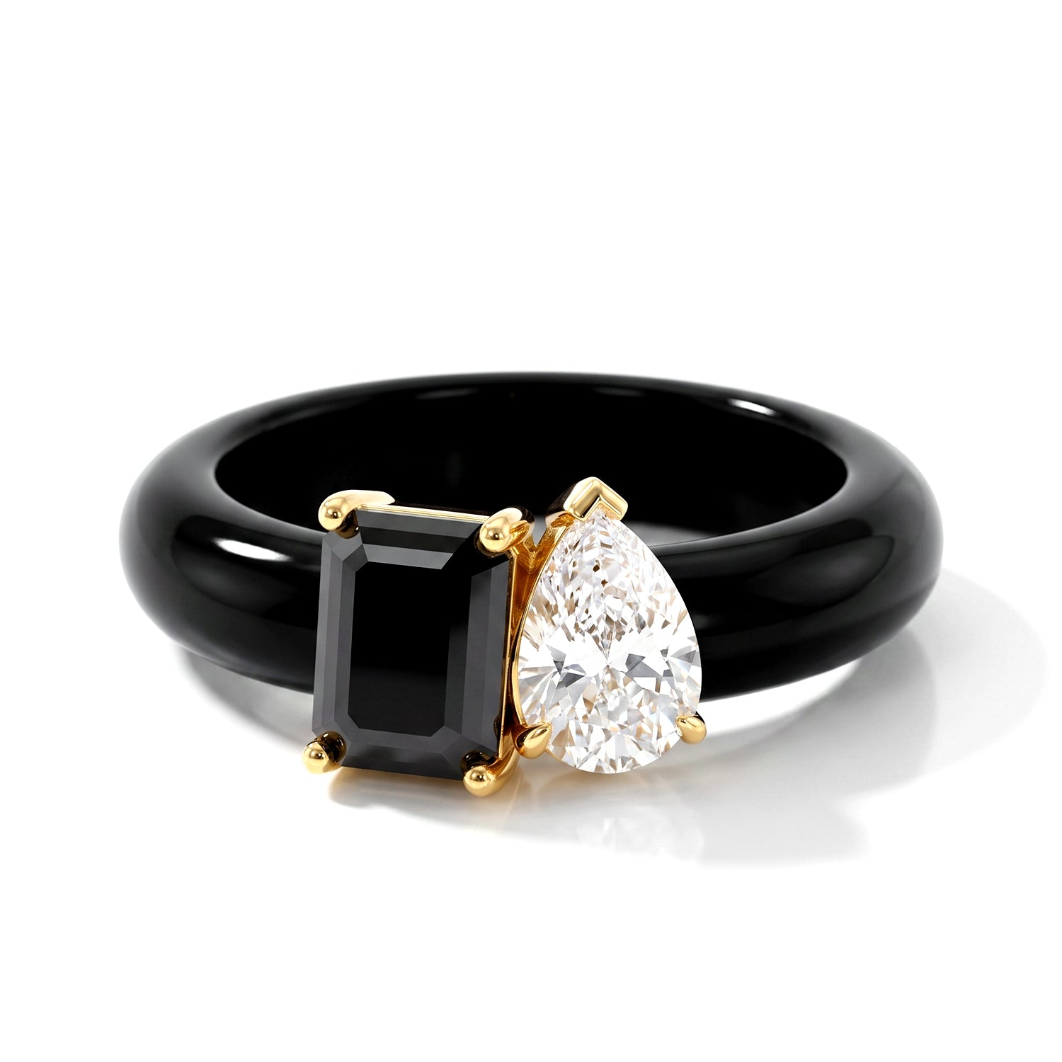 Couture Collection Limited Edition  - Black Jadeite, Moissanite &amp; Black Moissanite Toi et Moi Ring in Yellow Gold Plated Sterling Silver 13.70 Ct. V32518170 0