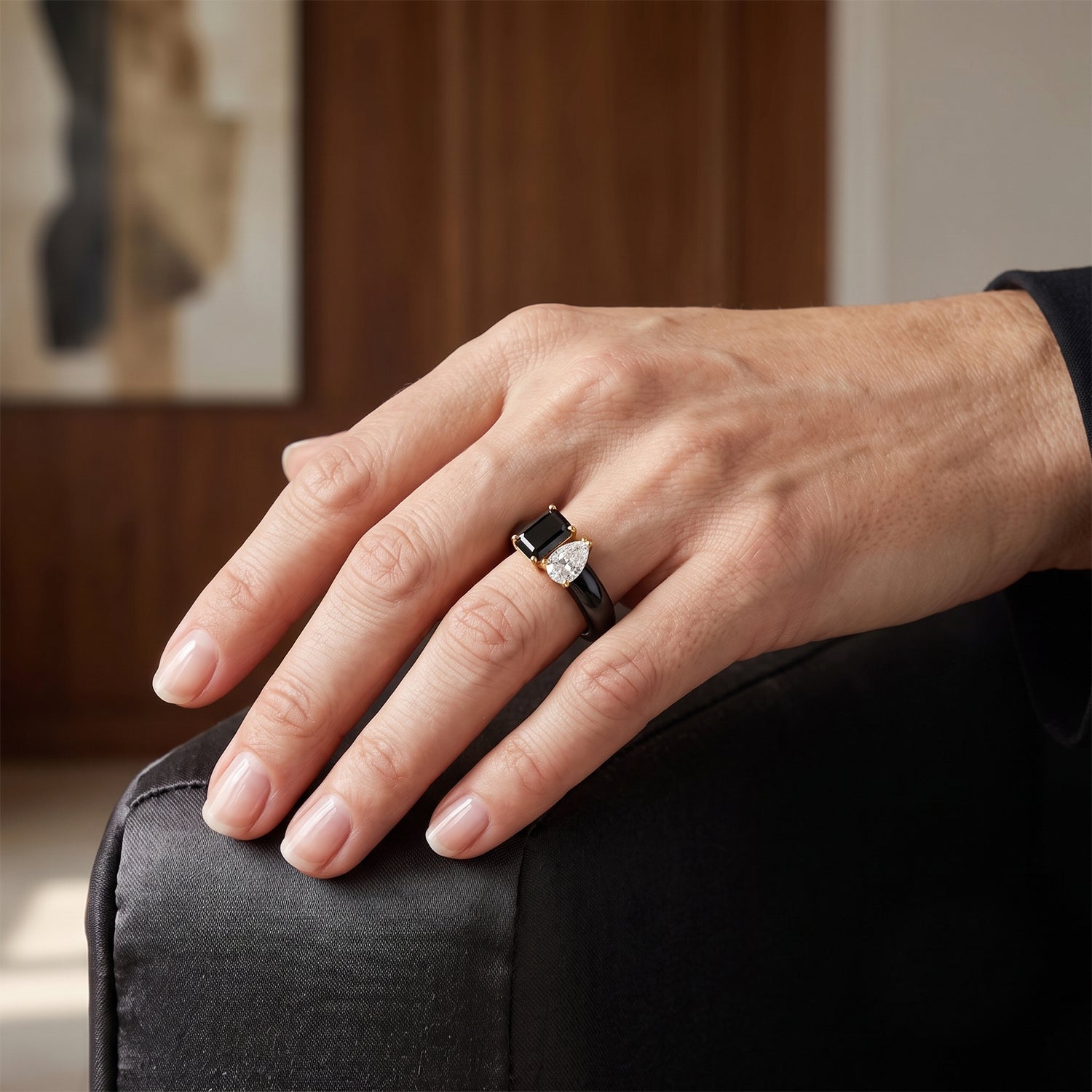 Couture Collection Limited Edition  - Black Jadeite, Moissanite &amp; Black Moissanite Toi et Moi Ring in Yellow Gold Plated Sterling Silver 13.70 Ct. V32518170 2