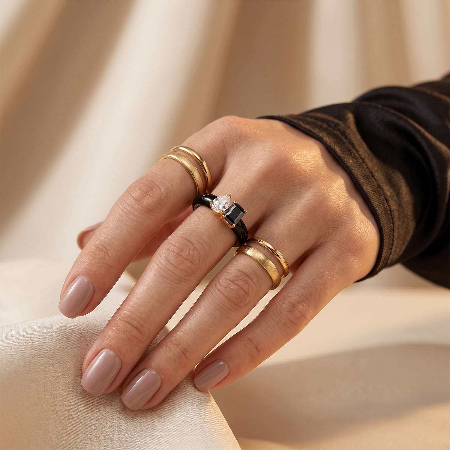 Couture Collection Limited Edition  - Black Jadeite, Moissanite &amp; Black Moissanite Toi et Moi Ring in Yellow Gold Plated Sterling Silver 13.70 Ct. V32518170 3