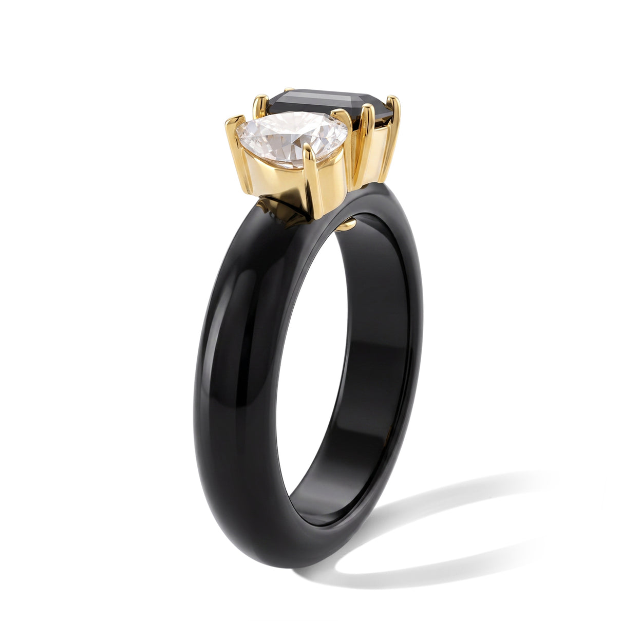 Couture Collection Limited Edition  - Black Jadeite, Moissanite &amp; Black Moissanite Toi et Moi Ring in Yellow Gold Plated Sterling Silver 13.70 Ct. V32518170 4