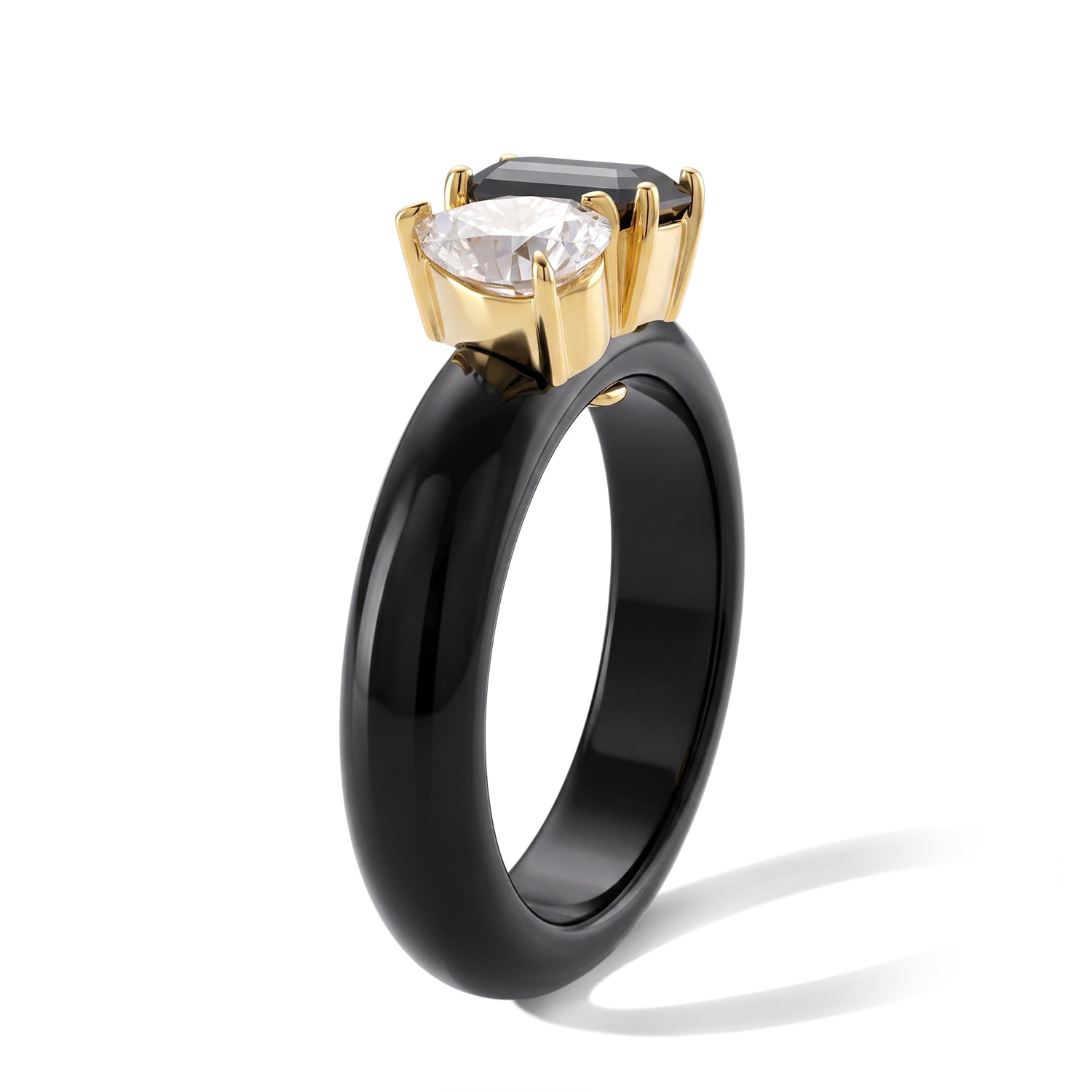 Couture Collection Limited Edition  - Black Jadeite, Moissanite &amp; Black Moissanite Toi et Moi Ring in Yellow Gold Plated Sterling Silver 13.70 Ct. V32518170 4