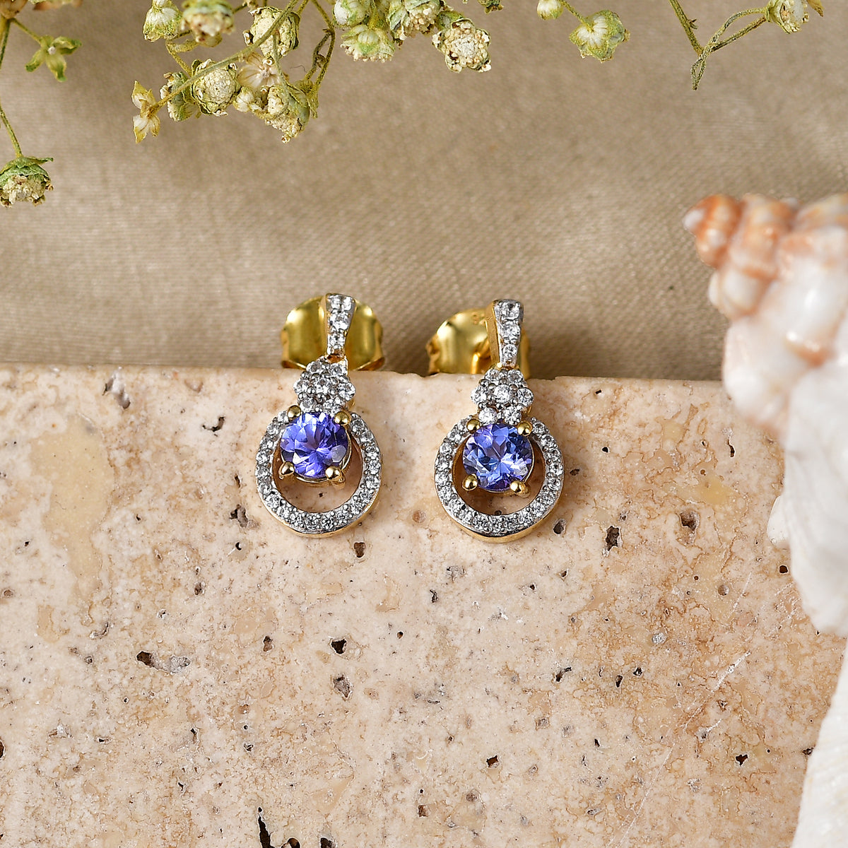 Live From Tanzania - D'Joy - Tanzanite &amp; White Zircon Dangling Earring with Push Post in 18K Vermeil Yellow Gold Plated Sterling Silver 1.00 Ct. 8580897 3