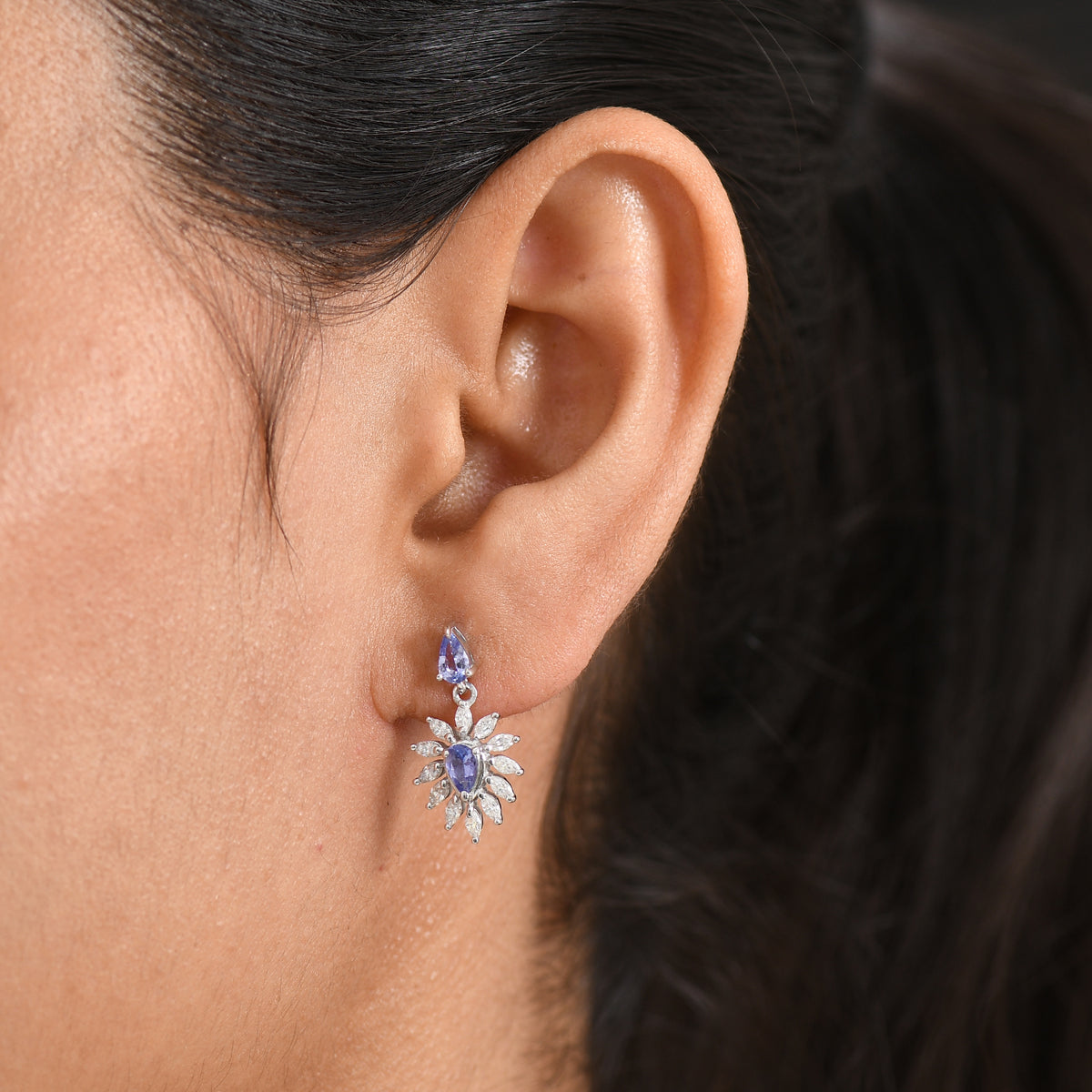 D'Joy - Tanzanite &amp; Moissanite Dangling Earring in Rhodium Overlay Sterling Silver 1.12 Ct. 8581147 2