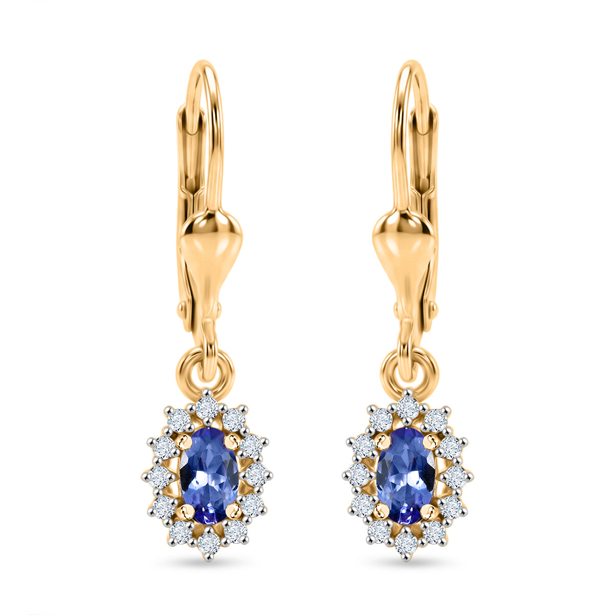 D'Joy - Tanzanite &amp; White Zircon Halo Earring with Lever Back in 18K Vermeil Yellow Gold Plated Sterling Silver 8581148 0
