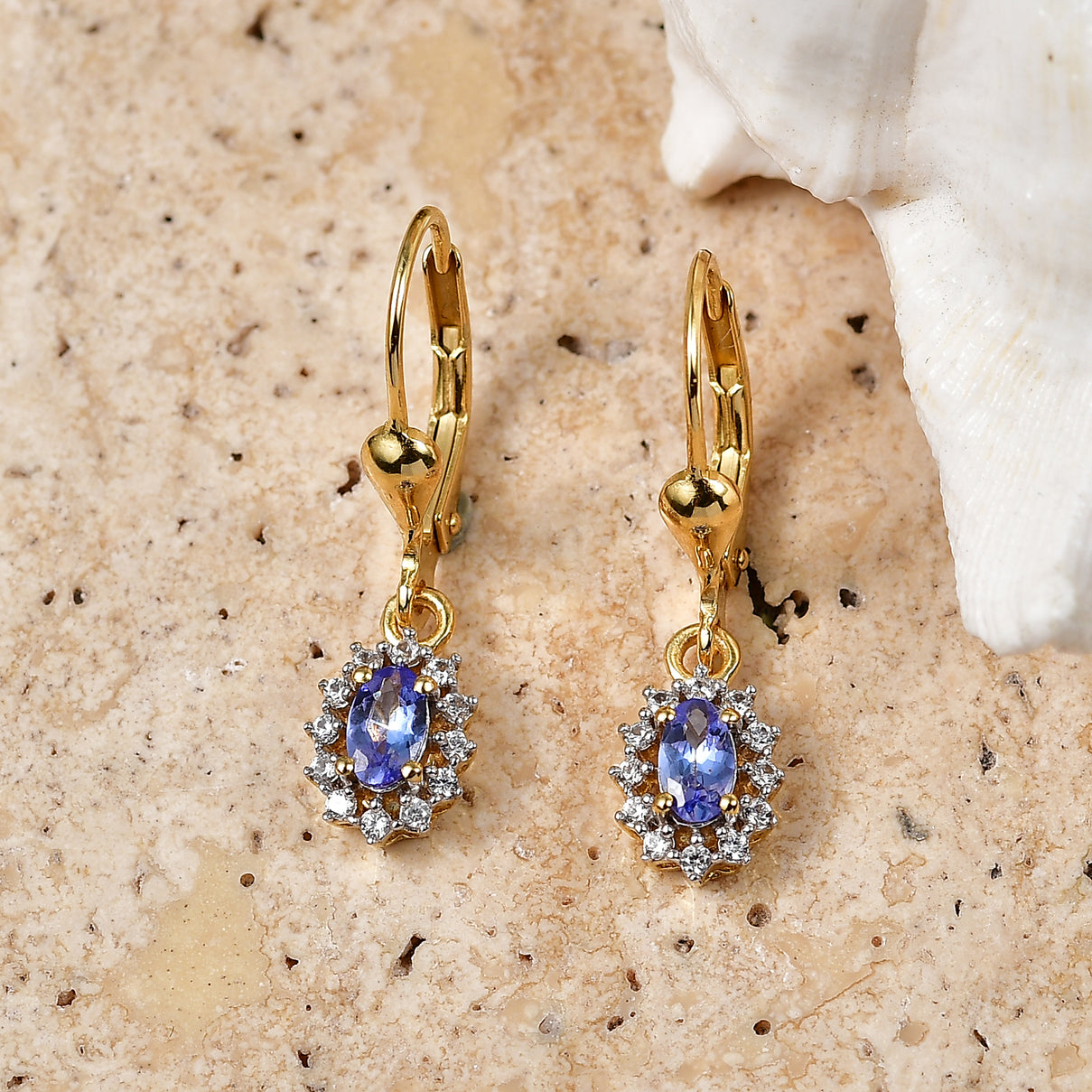 D'Joy - Tanzanite &amp; White Zircon Halo Earring with Lever Back in 18K Vermeil Yellow Gold Plated Sterling Silver 8581148 2