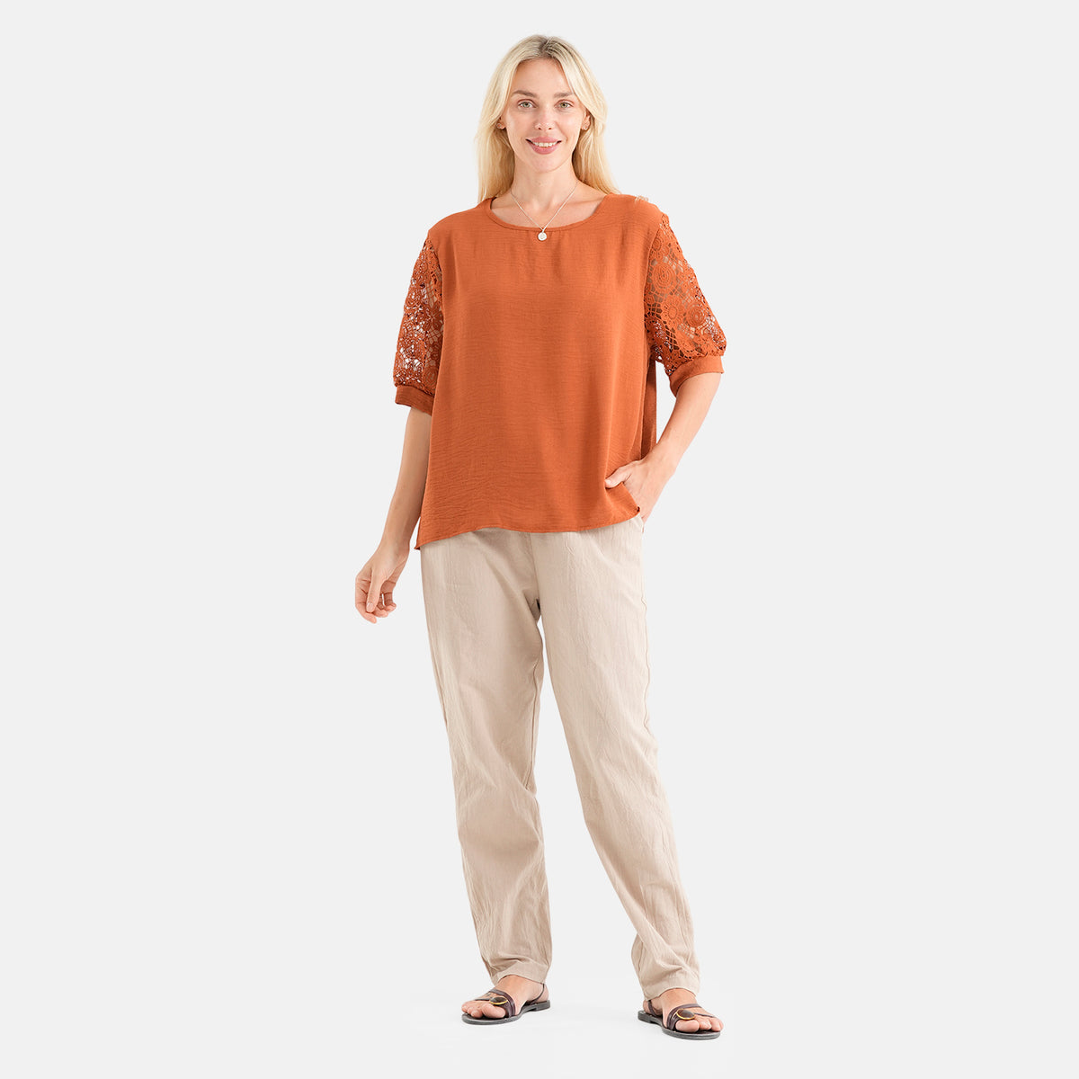 La Marey Textured Lace Sleeves Top (Size S/M, 8-14) - Rust 8581194 0