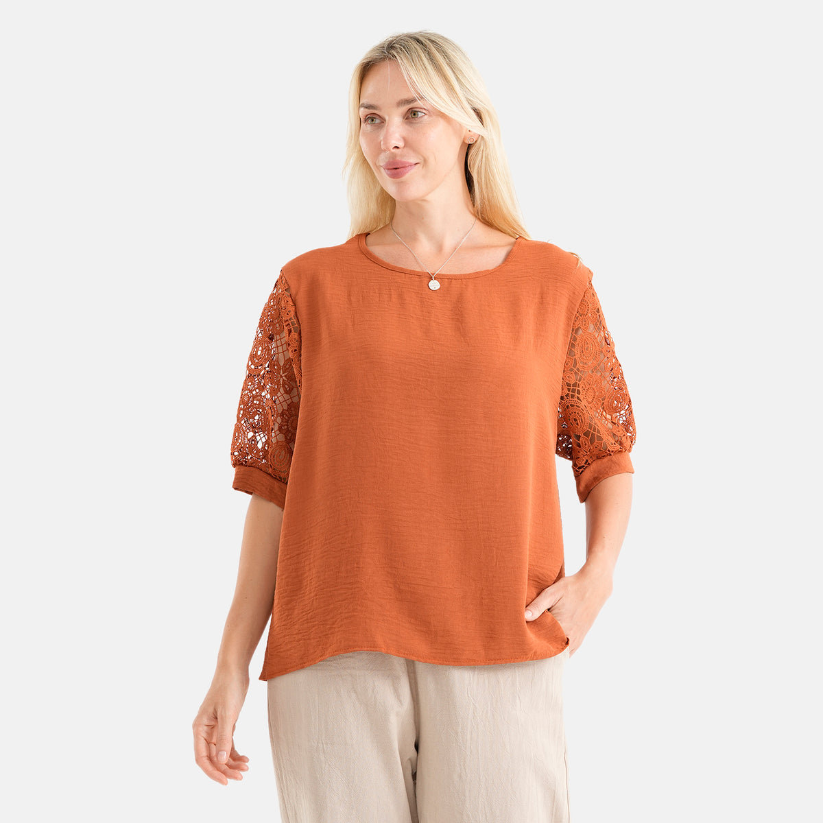 La Marey Textured Lace Sleeves Top (Size S/M, 8-14) - Rust 8581194 4