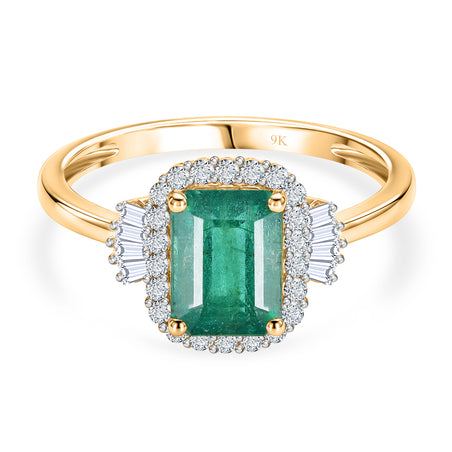 THE JEWEL OF ZAMBIA - 9K Yellow Gold AAA Gemfields Zambian Emerald (1.5Ct) &amp; Natural White Diamond Halo Ring 1.80 Ct. V32469903 1