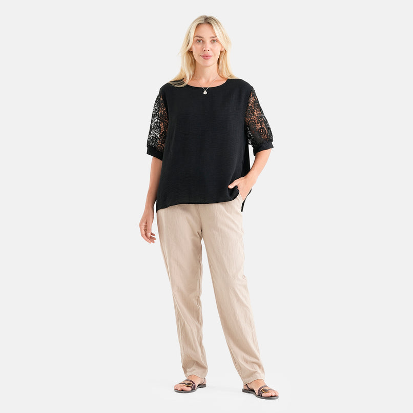 La Marey Textured Lace Sleeves Top (Size L/XL, 16-22) - Black_8581214