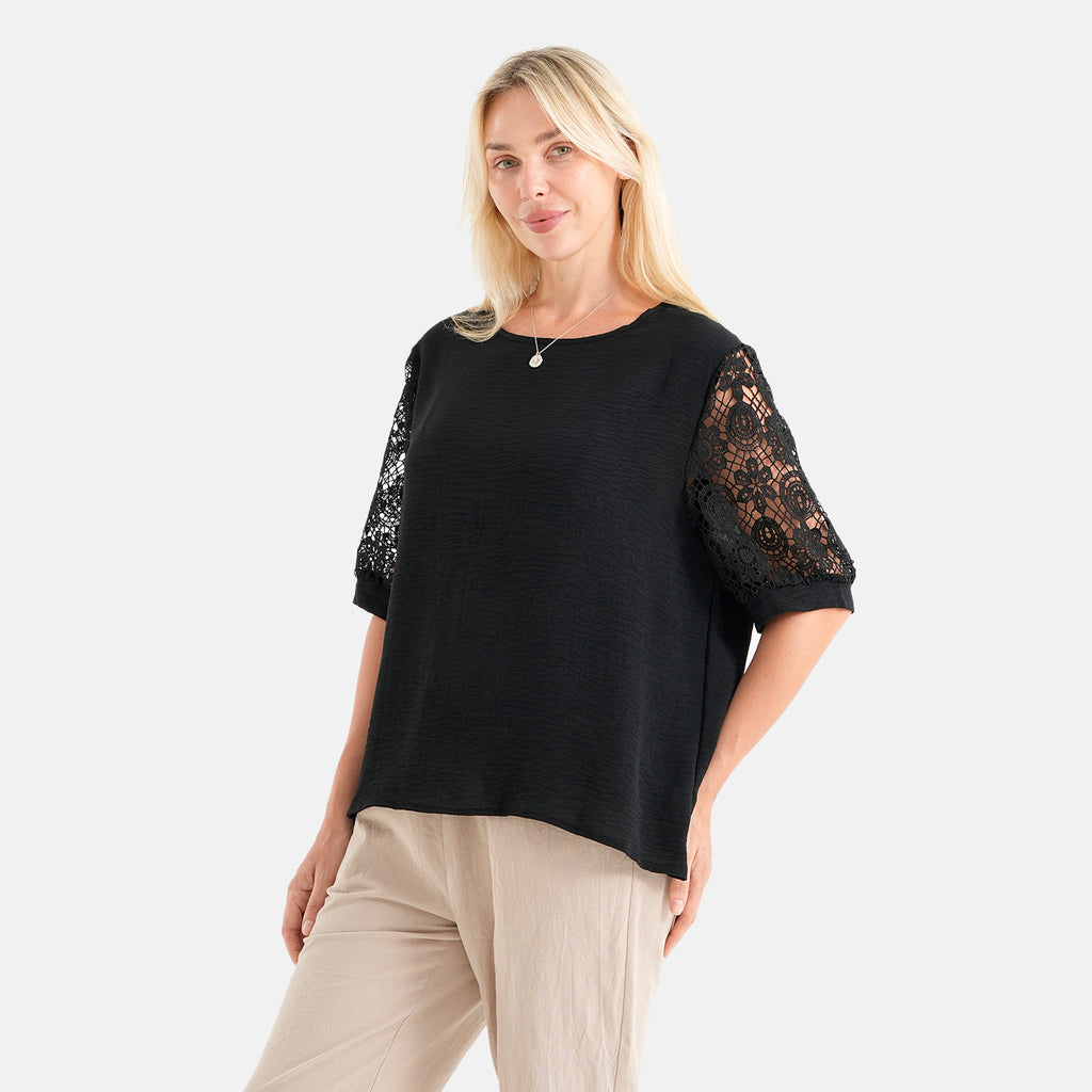 La Marey Textured Lace Sleeves Top (Size L/XL, 16-22) - Black_8581214_3