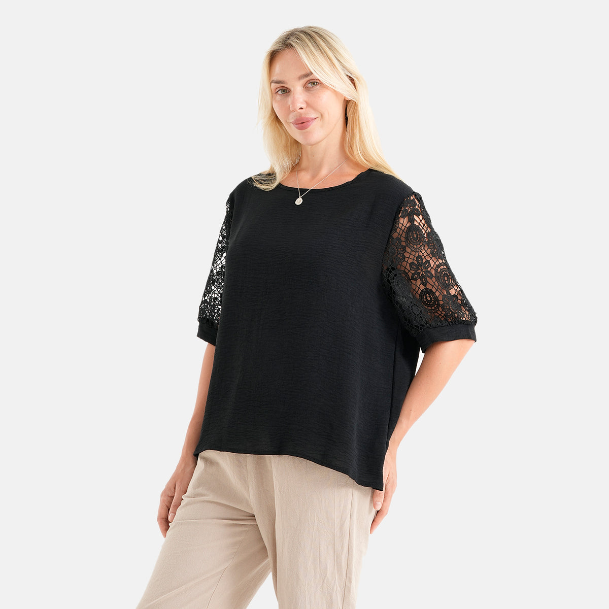 La Marey Textured Lace Sleeves Top (Size L/XL, 16-22) - Black V32702096 3