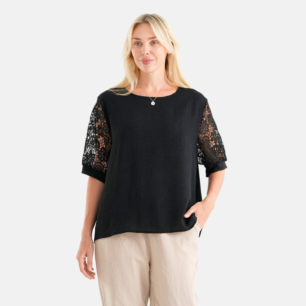 La Marey Textured Lace Sleeves Top (Size L/XL, 16-22) - Black_8581214_4