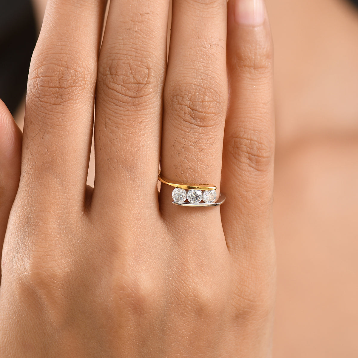 FIRE AND ICE COLLECTION -  Moissanite Trilogy Ring in Yellow Gold Plated &amp; Platinum Overlay Sterling Silver V32578278 2