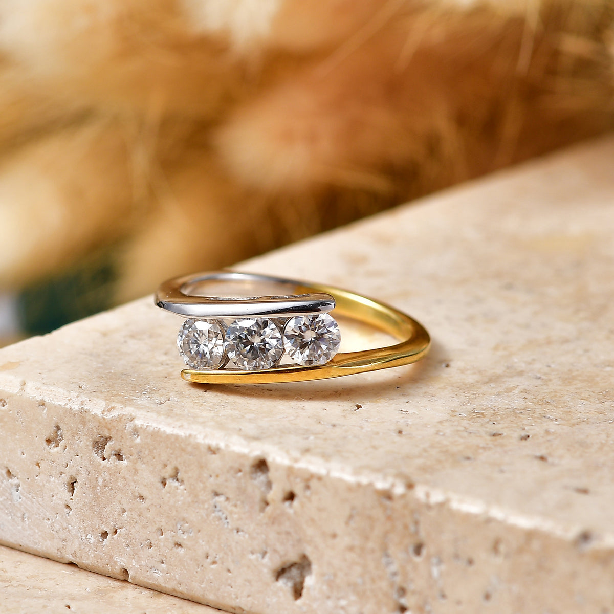 FIRE AND ICE COLLECTION -  Moissanite Trilogy Ring in Yellow Gold Plated &amp; Platinum Overlay Sterling Silver V32578278 3