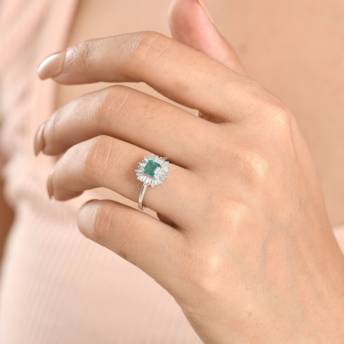 Luxuriant - AAA Zambian Emerald &amp; Lab Grown Diamond (SI/G-H) Halo Ring in Rhodium Overlay Sterling Silver 1.00 Ct. V32530075 2