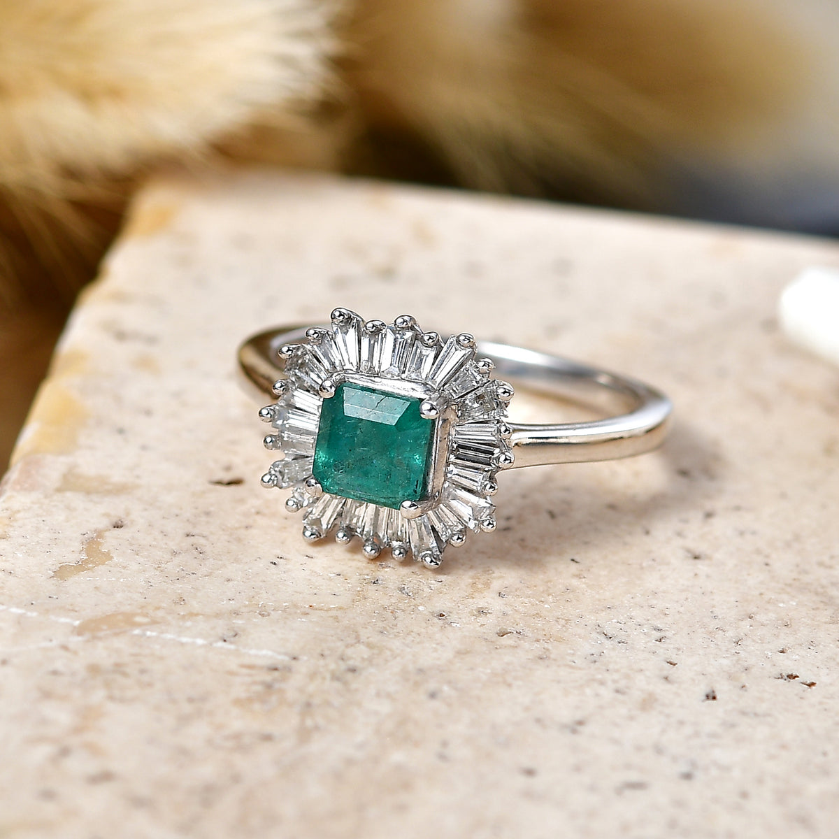 Luxuriant - AAA Zambian Emerald &amp; Lab Grown Diamond (SI/G-H) Halo Ring in Rhodium Overlay Sterling Silver 1.00 Ct. V32530075 3